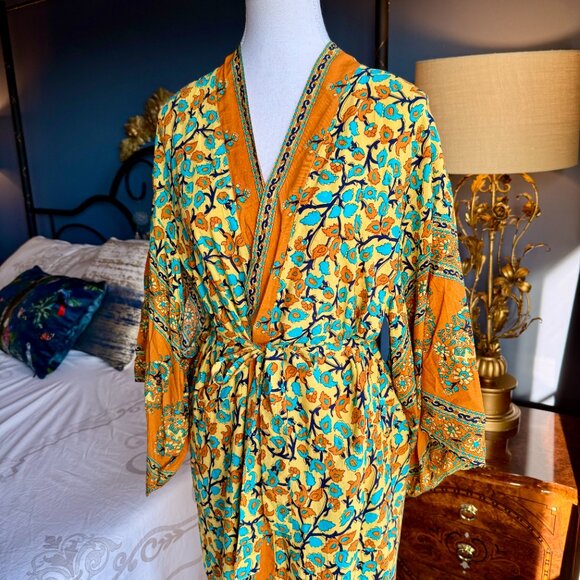 Yellow Orange and Blue Floral Boho 100% Cotton Kimono Robe - Picture 3 of 13